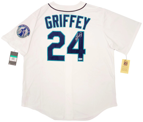  Mariners Ken Griffey Jr. Autographed White Majestic Cool Base  Jersey Retirement Patch Size L Beckett BAS QR : Sports & Outdoors