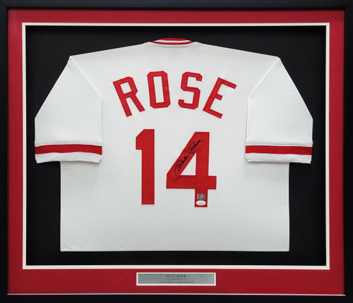 Pete Rose Autographed Cincinnati Reds Cooperstown Collection Jersey  Including Two 8 x 10 Photograph and Jersey in a 36 x 44 Deluxe Frame  Shadow Box