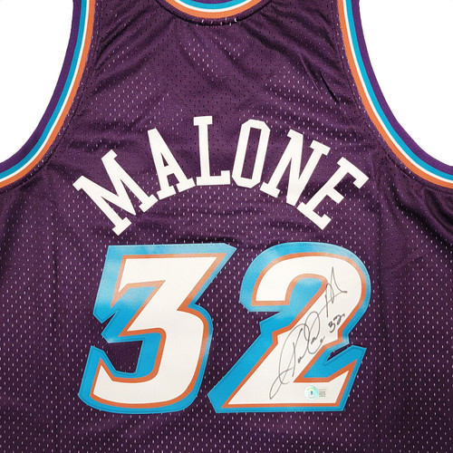 Utah Jazz Karl Malone Autographed White & Purple Authentic Mitchell & Ness  Jersey Size L Beckett BAS Stock #211876