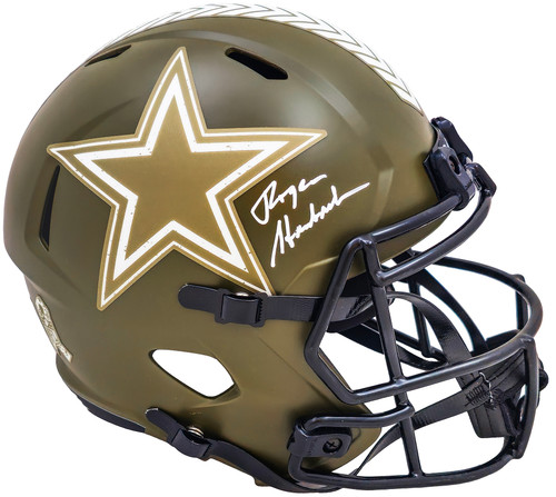 Roger Staubach Autographed Dallas Cowboys Salute To Service Camo Full Size Replica Speed Helmet Beckett BAS Witness Stock #212596