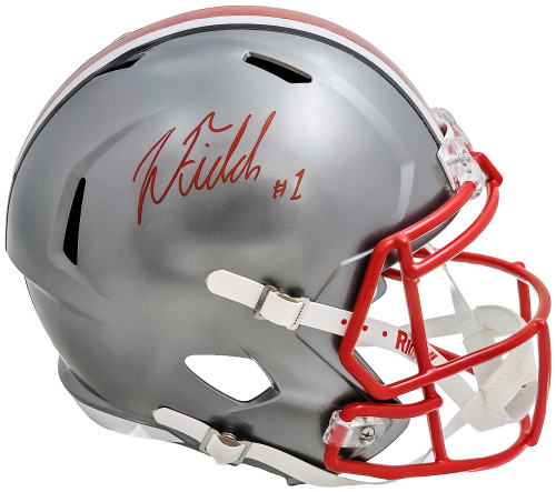 Justin Fields Autographed Ohio State Buckeyes Flash Silver Full Size Replica Speed Helmet Beckett BAS Witness Stock #216685