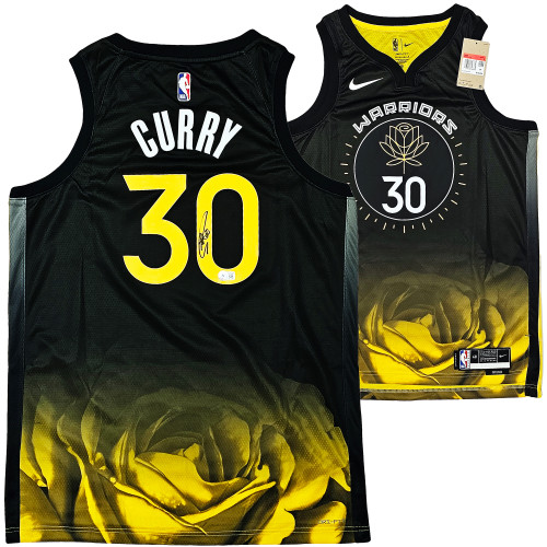 Golden State Warriors Stephen Curry Autographed Yellow Jordan Statement  Edition 75th Anniversary Logo Jersey Size 48+2 Beckett BAS QR Stock #216025