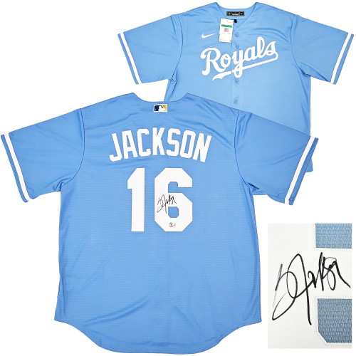 Kansas City Royals Bo Jackson Autographed Light Blue Nike Jersey Size XL Beckett BAS Witness Stock #218045