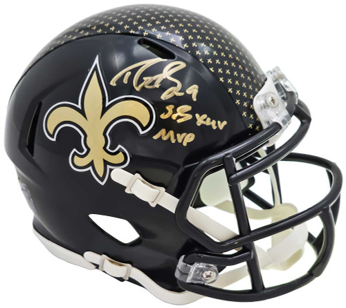 Drew Brees Autographed New Orleans Saints 2022 Alternate Black Speed Mini Helmet "SB XLIV MVP" Beckett BAS Witness