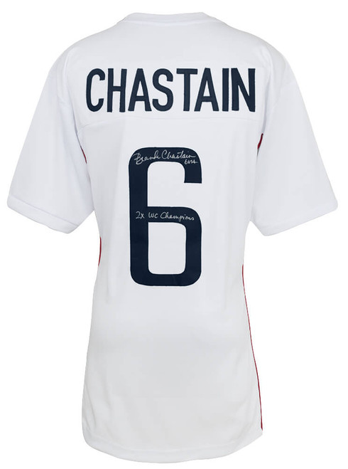 Brandi Chastain Signed White Custom Soccer Jersey w/2x WC Champs - Schwartz Authenticated