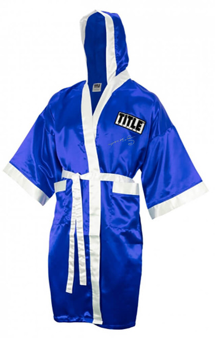 Sugar Ray Leonard Signed Title Blue With White Trim Boxing Robe With Hood - Schwartz Authenticated