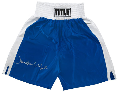 James 'Bonecrusher' Smith Signed Title Blue With White Trim Boxing Trunks- Schwartz Authenticated