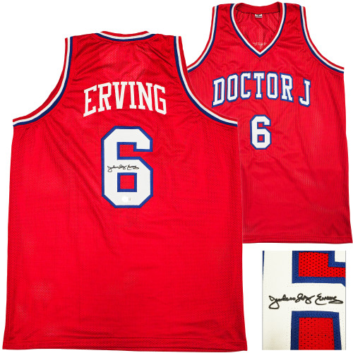 Philadelphia 76ers Julius "Dr. J" Erving Autographed Red Jersey Beckett BAS Witness Stock #232614