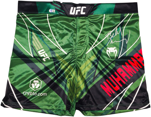 Belal Muhammad Autographed Green Boxing Trunks Beckett BAS Witness Stock #233365