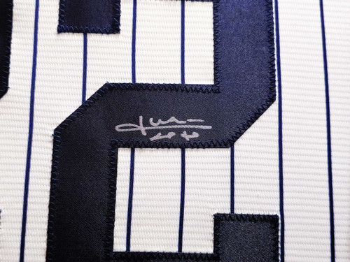 New York Yankees Juan Soto Autographed Framed White Pinstripes Nike Jersey Beckett BAS QR
