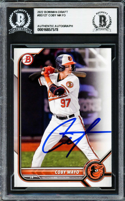 Coby Mayo Autographed 2022 Bowman Draft Rookie Card #BD127 Baltimore Orioles Beckett BAS