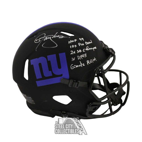 Lawrence Taylor 5 Stats Autographed New York Authentic Full-Size Eclipse Football Helmet - BAS (White Ink)