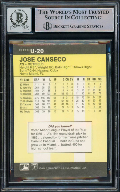 Jose Canseco Autographed 1986 Fleer Update Rookie Card #U-20 Oakland A's Auto Grade Gem Mint 10 "86 AL ROY" Beckett BAS