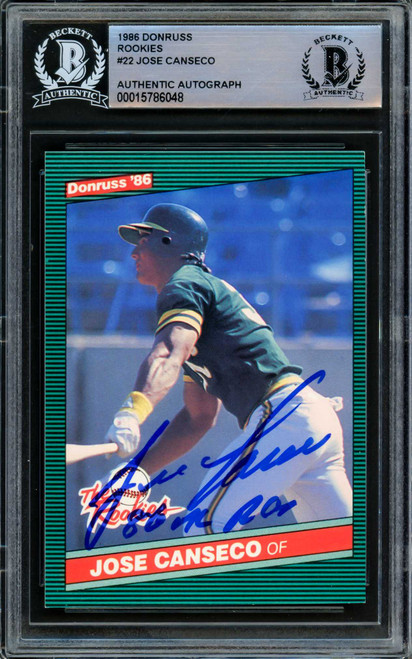 Jose Canseco Autographed 1986 Donruss The Rookies Rookie Card #22 Oakland A's "86 AL ROY" Beckett BAS