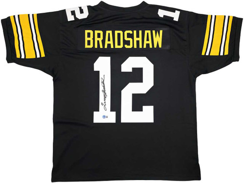 Pittsburgh Steelers Terry Bradshaw Autographed Black Jersey Beckett BAS Witness Stock #239866