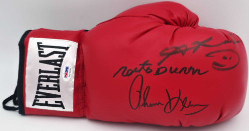 Sugar Ray Leonard, Roberto Duran & Thomas "Hitman" Hearns Autographed Red Everlast Boxing Glove PSA/DNA Stock #243605