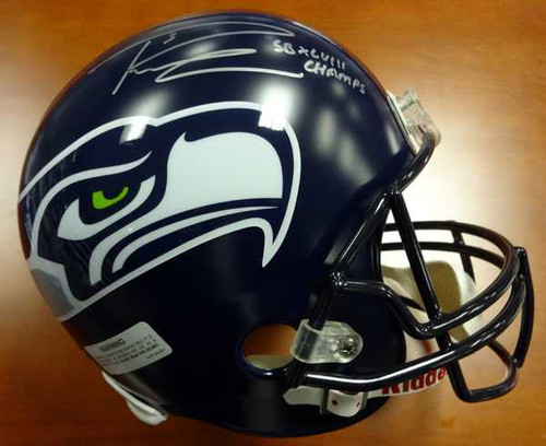 Russell Wilson Autographed Seattle Seahawks Full Size Super Bowl Helmet SB XLVIII Champs in Silver RW Holo