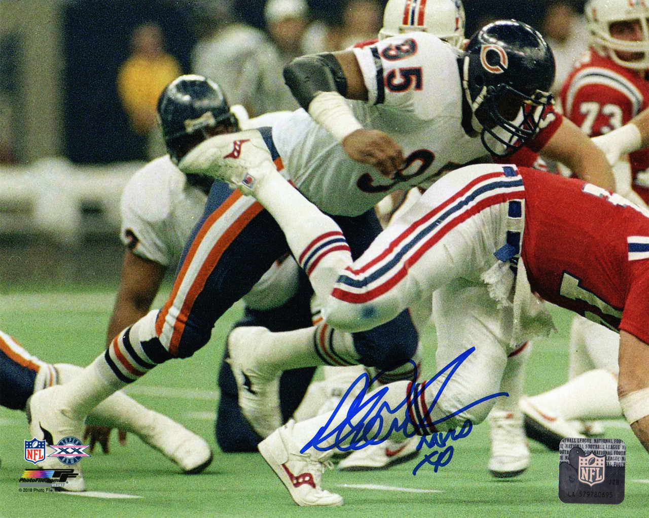 Dan Hampton Signed Chicago Bears Super Bowl XX Sack 8x10 Photo w/HOF 2002  Schwartz Authentic