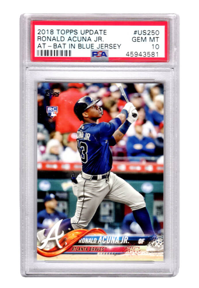 Slabbed and Graded 2018 Ronald Acuna Jr Topps Update AT Bat Blue Jersey  Rookie Card GEM MINT 10