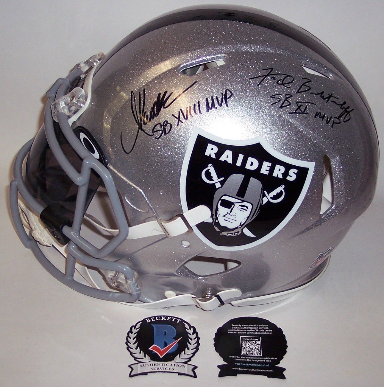 Marcus Allen and Fred Biletnikoff Autographed Hand Signed Raiders Full Size  Speed Authentic Pro Line Helmet - BAS Beckett