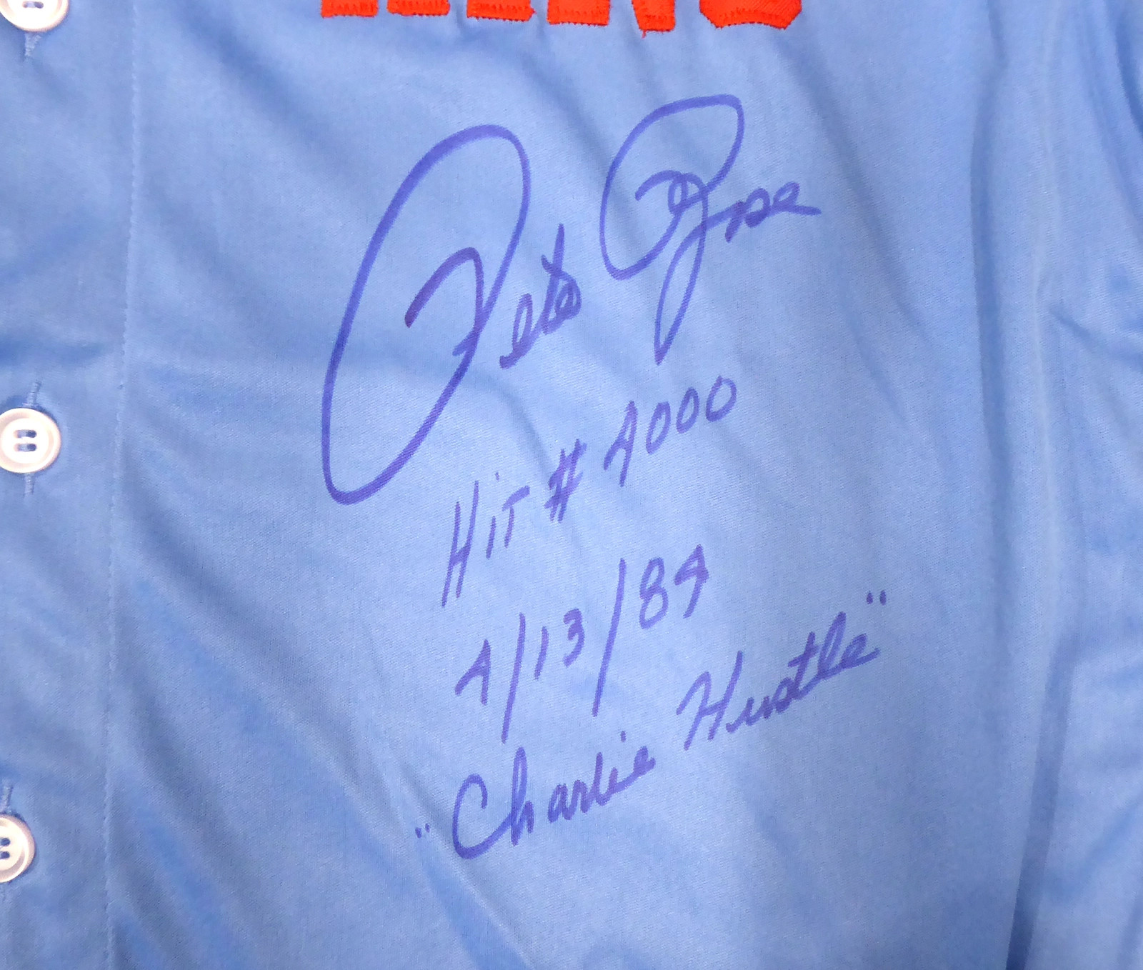 Philadelphia Phillies Pete Rose Autographed Blue Jersey Hit #4000, 4/13/84  & Charlie Hustle PR Holo #006987