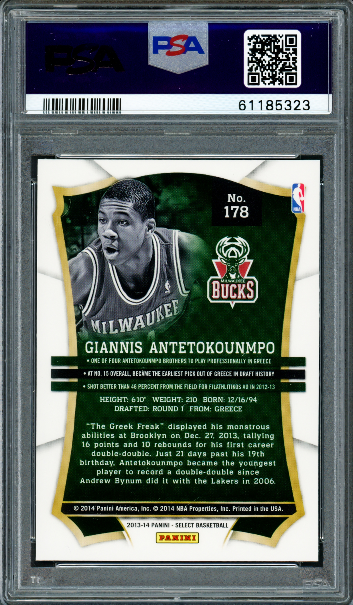 2013-14 Panini Select Giannis Antetokounmpo No.178 RC Rookie PSA 8