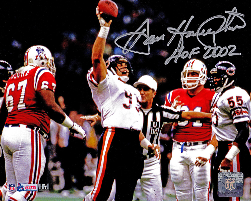 Schwartz Sports Memorabilia HAM08P310 8 x 10 in. Dan Hampton Signed Chicago Bears Super Bowl XX Holding Football Vs Patriots Photo with HOF 2002 Inscr