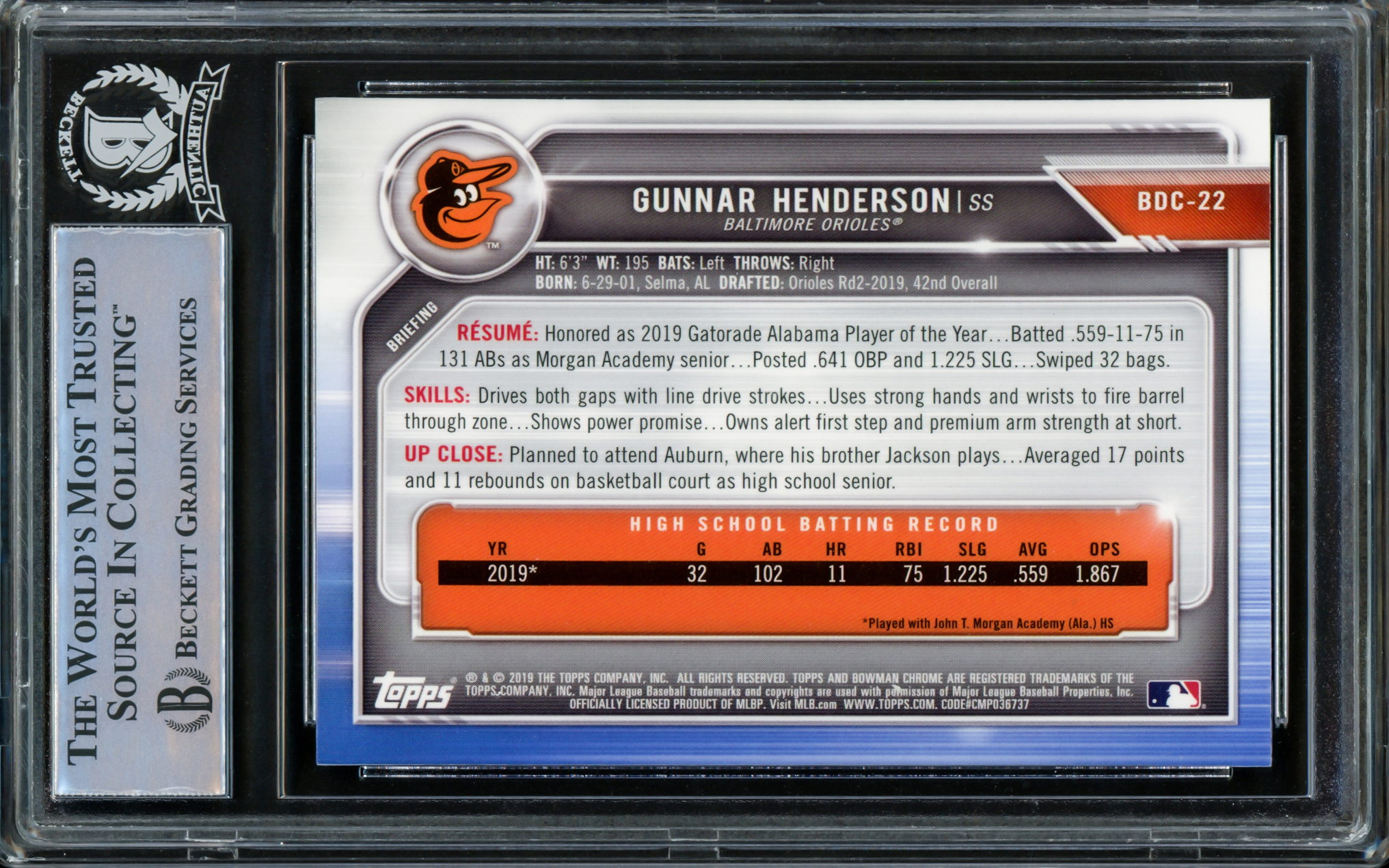  2019 Bowman Draft Baseball #BD-22 Gunnar Henderson