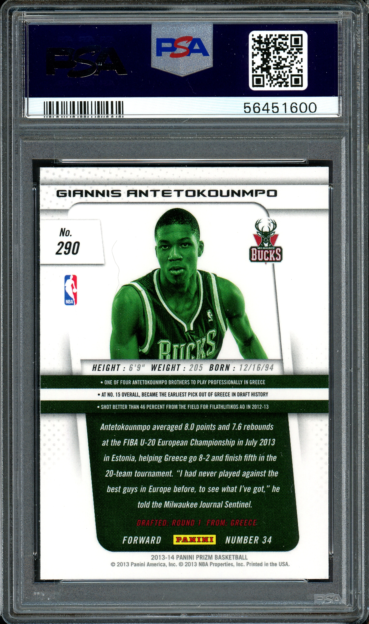 Giannis Antetokounmpo 2013-14 Panini Autograph Rookie Card #194 PSA/DNA