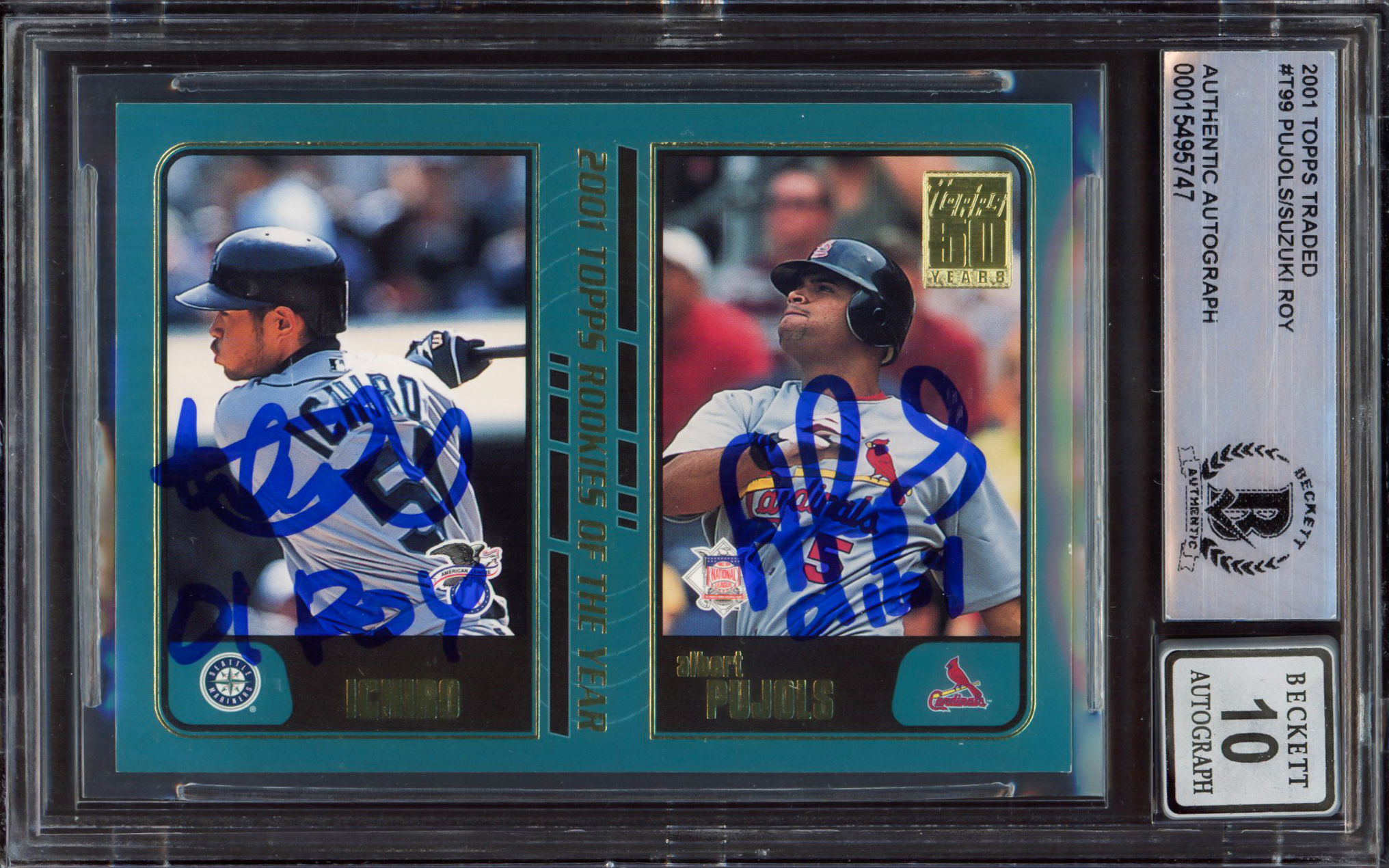 Albert Pujols & Ichiro Suzuki Autographed 2001 Topps Traded Gold Rookie Card  #T99 PSA 9 Auto 10 01 ROY Highest Graded #1543/2001