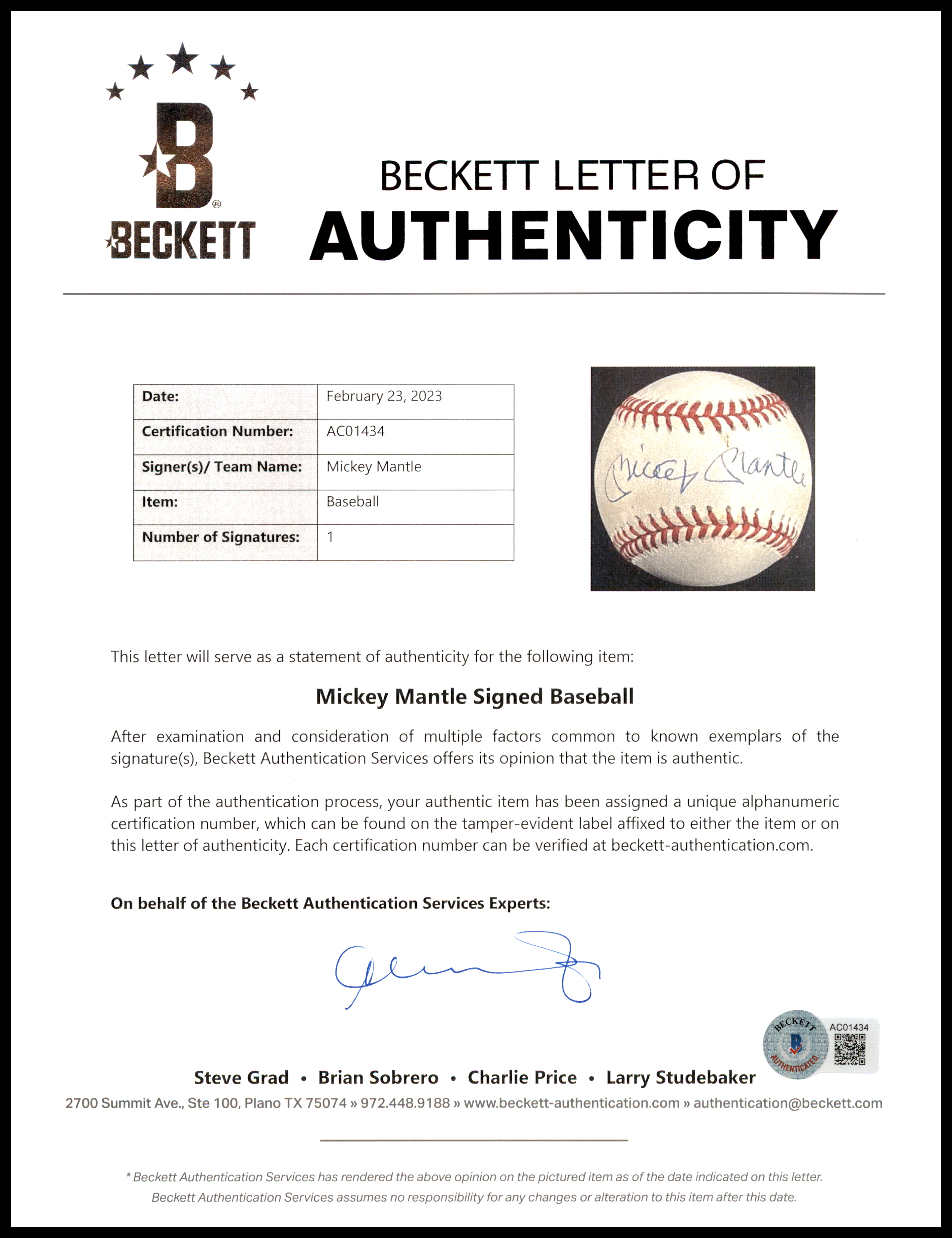 Mickey Mantle Autographed Official AL Baseball New York Yankees Auto Grade  Mint 9 Beckett BAS #AC74506