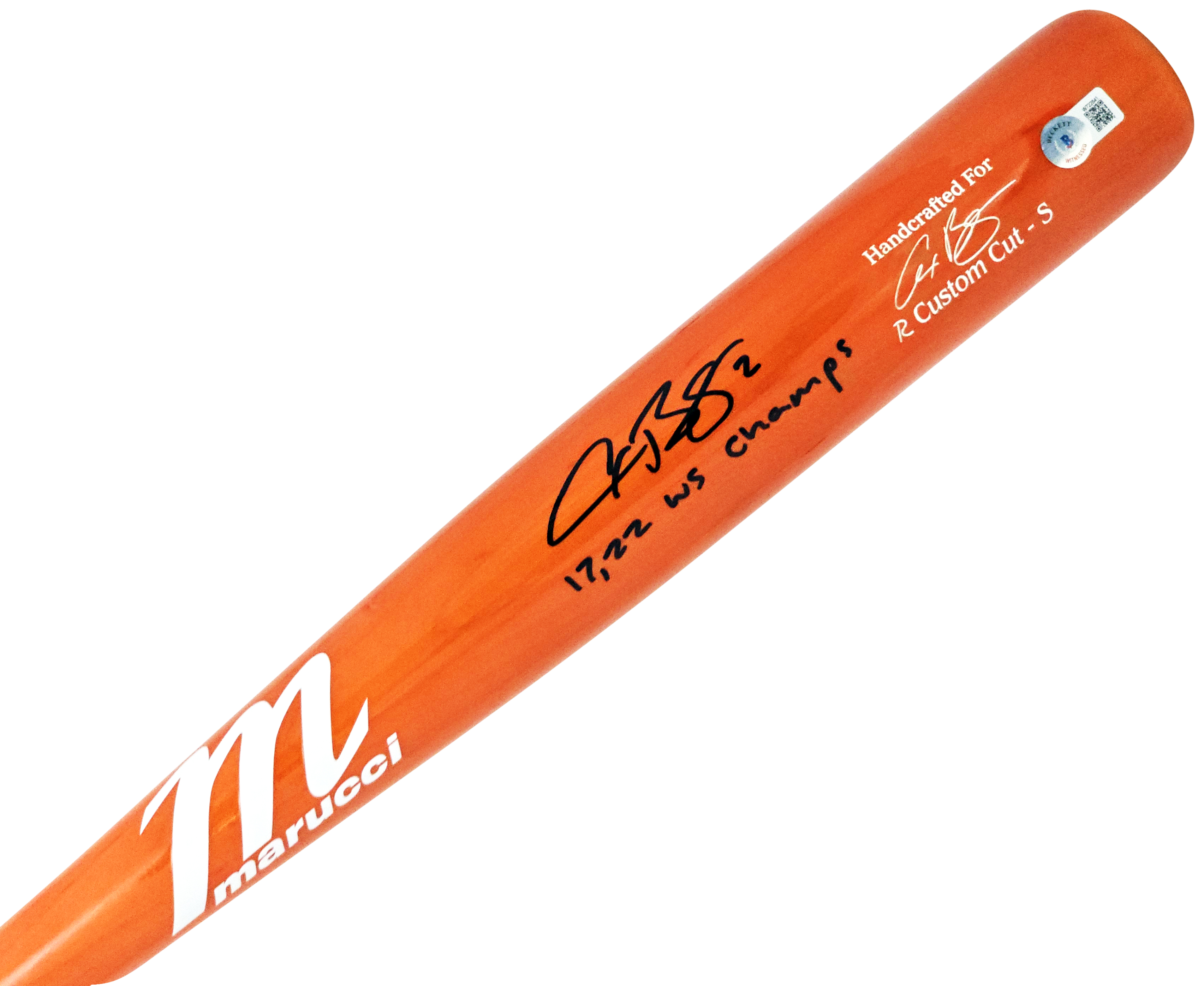 Alex Bregman Autographed Orange Marucci Player Model Bat Houston Astros  17, 22 WS Champs Beckett BAS Witness Stock #220443