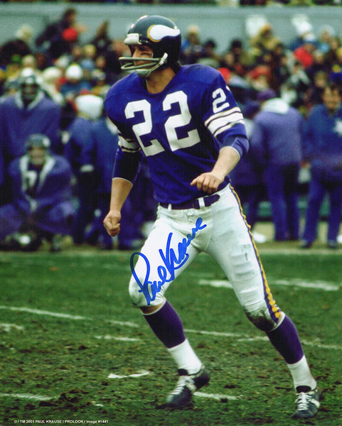 Paul Krause Signed Minnesota Vikings Purple Jersey Action 8x10