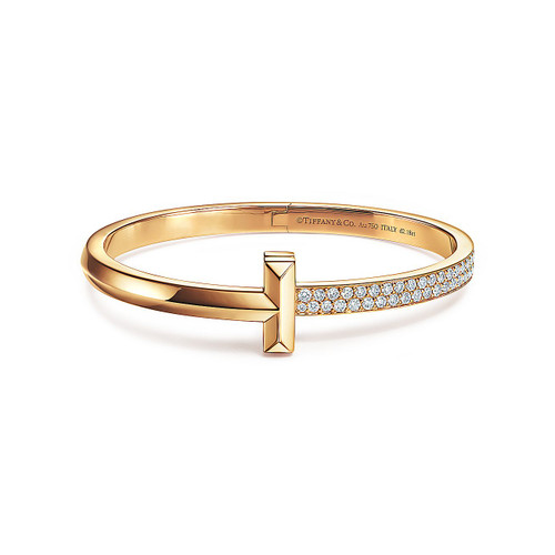Tiffany Inspired Tiffany T T1 Wide Diamond Hinged Bangle in Yellow Gold - TIF100100042