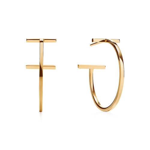 Tiffany Inspired Tiffany T Hoop Earrings in Yellow Gold, medium. - TIF100100074