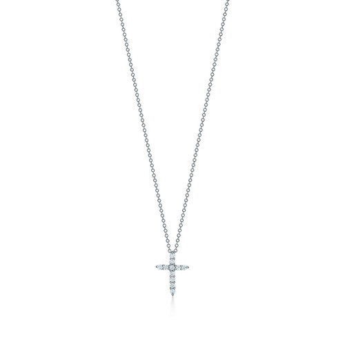 Tiffany Inspired Cross pendant in platinum with diamonds, mini. - TIF100100466