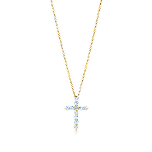 Tiffany Inspired Cross pendant in 18k gold with diamonds, small. - TIF100100532
