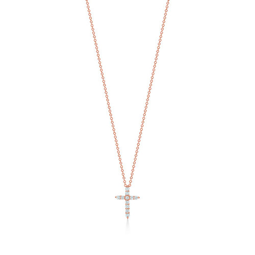 Tiffany Inspired Cross pendant in 18k rose gold with diamonds, mini. - TIF100100467