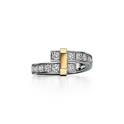 Tiffany Inspired Tiffany Edge Bypass Ring in Platinum and Yellow Gold with Diamonds, Wide - TIF100100638