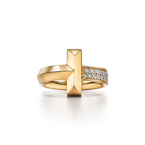 Tiffany Inspired Tiffany T T1 Ring in Yellow Gold with Diamonds - TIF100100659