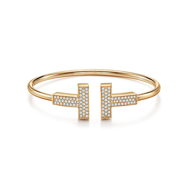 Tiffany Inspired Tiffany T Wide Diamond Wire Bracelet in Yellow Gold - TIF100100050