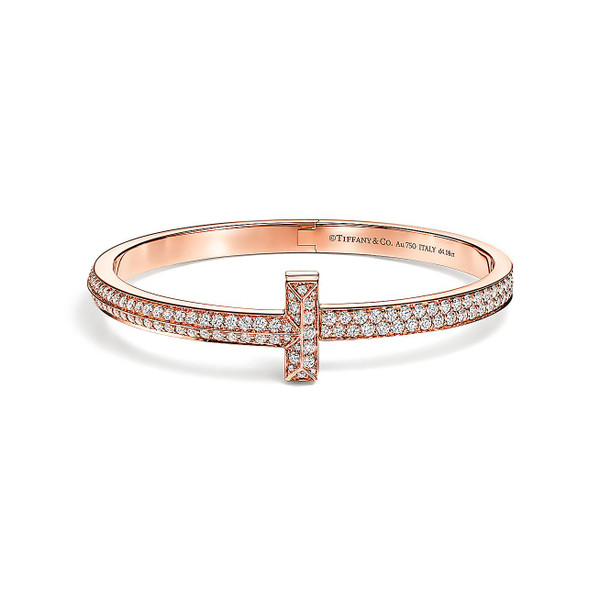 Tiffany Inspired Tiffany T T1 Wide Diamond Hinged Bangle in Rose Gold - TIF100100054