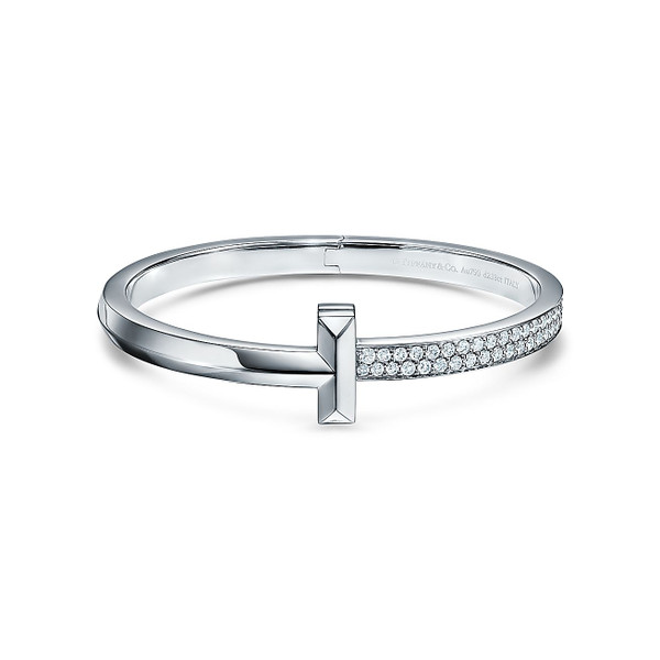 Tiffany Inspired Tiffany T T1 Wide Diamond Hinged Bangle in White Gold - TIF100100043