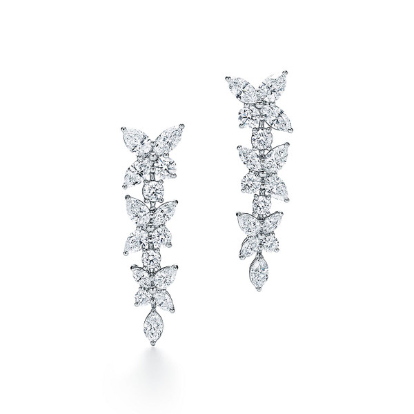 Tiffany Inspired Tiffany Victoria® mixed cluster drop earrings in platinum with diamonds. - TIF100100191