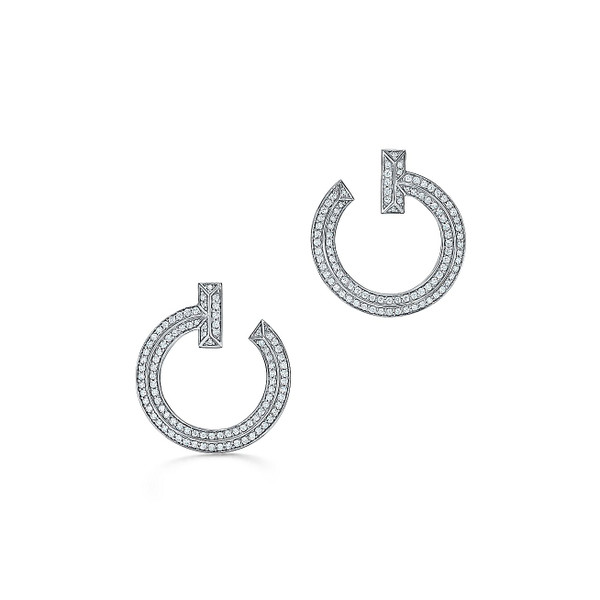 Tiffany Inspired Tiffany T T1 Open Hoop Earrings in White Gold with Diamonds - TIF100100130