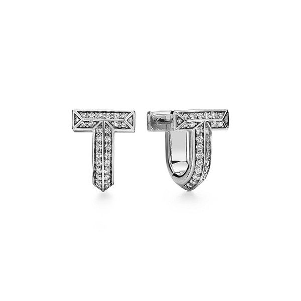 Tiffany Inspired Tiffany T T1 Half Pavé Diamond Huggie Earrings in White Gold - TIF100100151