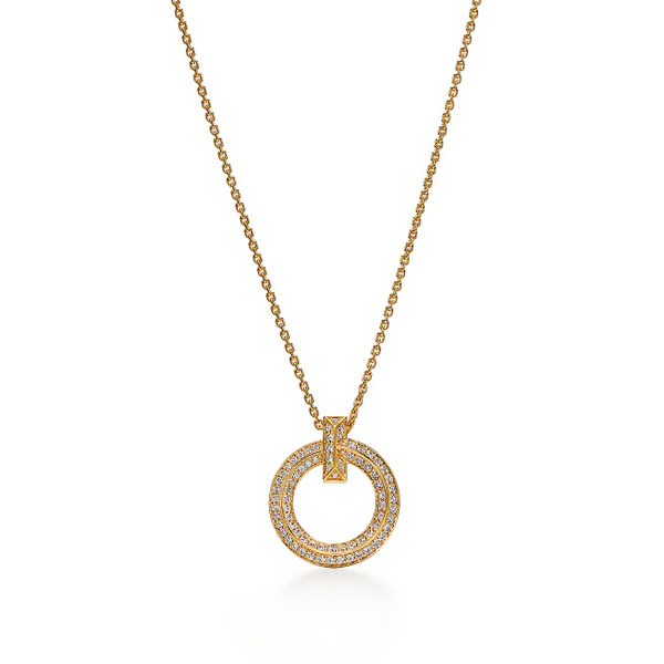 Tiffany Inspired Tiffany T T1 Circle Pendant in Yellow Gold with Pavé Diamonds - TIF100100331