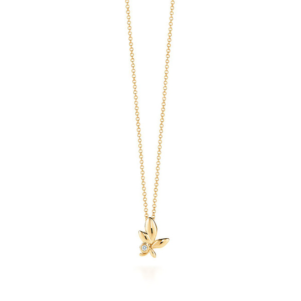 Tiffany Inspired Paloma Picasso® Olive Leaf pendant in 18k gold with a diamond, mini. - TIF100100247