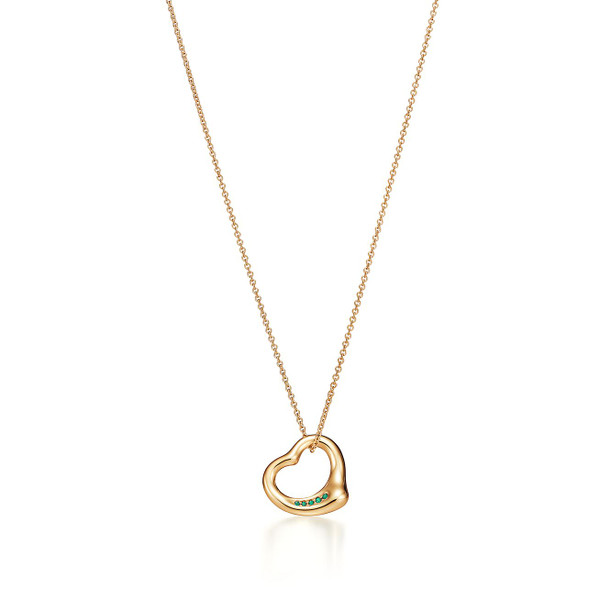 Tiffany Inspired Elsa Peretti® Open Heart Pendant in Yellow Gold with Emeralds, 16 mm - TIF100100394