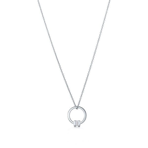 Tiffany Inspired Tiffany T pendant in 18k white gold with a baguette diamond. - TIF100100434